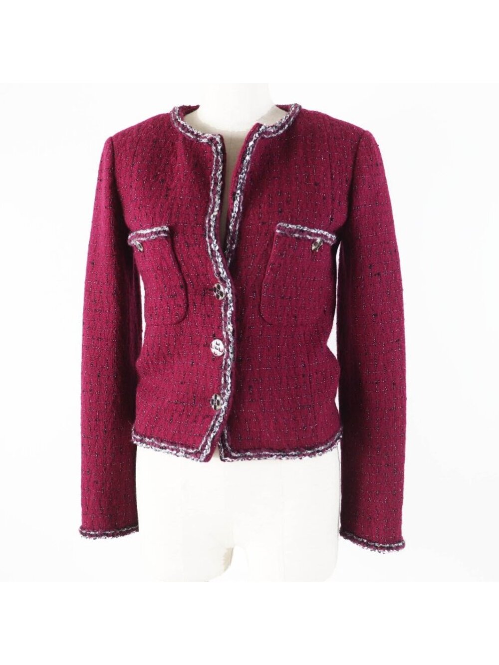 Chanel 22A Collarless Tweed Jacket with Coco Buttons Burgundy Black White 34